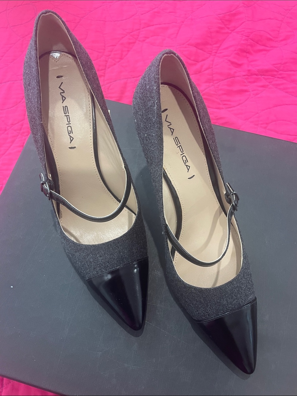 Via Spiga Gray and Black Mary Jane Pointed Toe Pumps